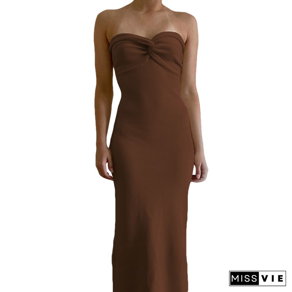Knitted Dress Summer Women Solid Color Front Twist Strapless Long Dresses Crochet Dress Y2k Clothes Party Clubwear