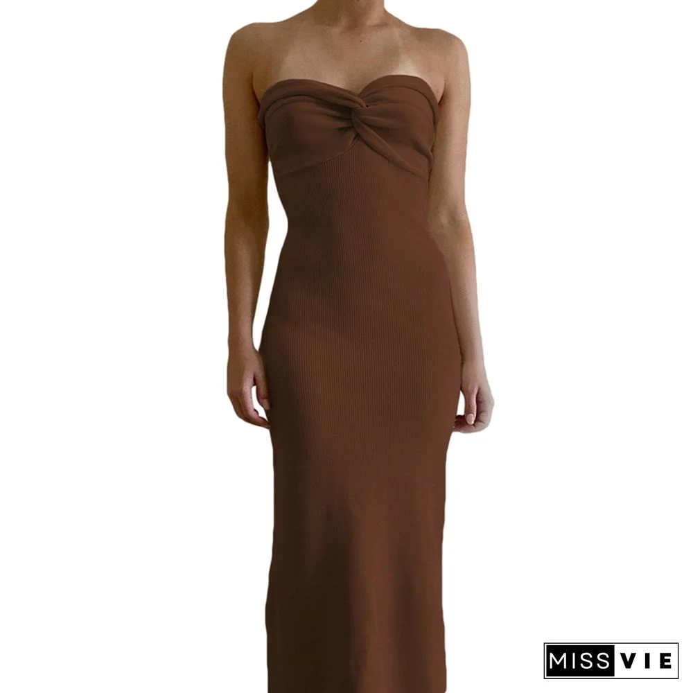 Knitted Dress Summer Women Solid Color Front Twist Strapless Long Dresses Crochet Dress Y2k Clothes Party Clubwear