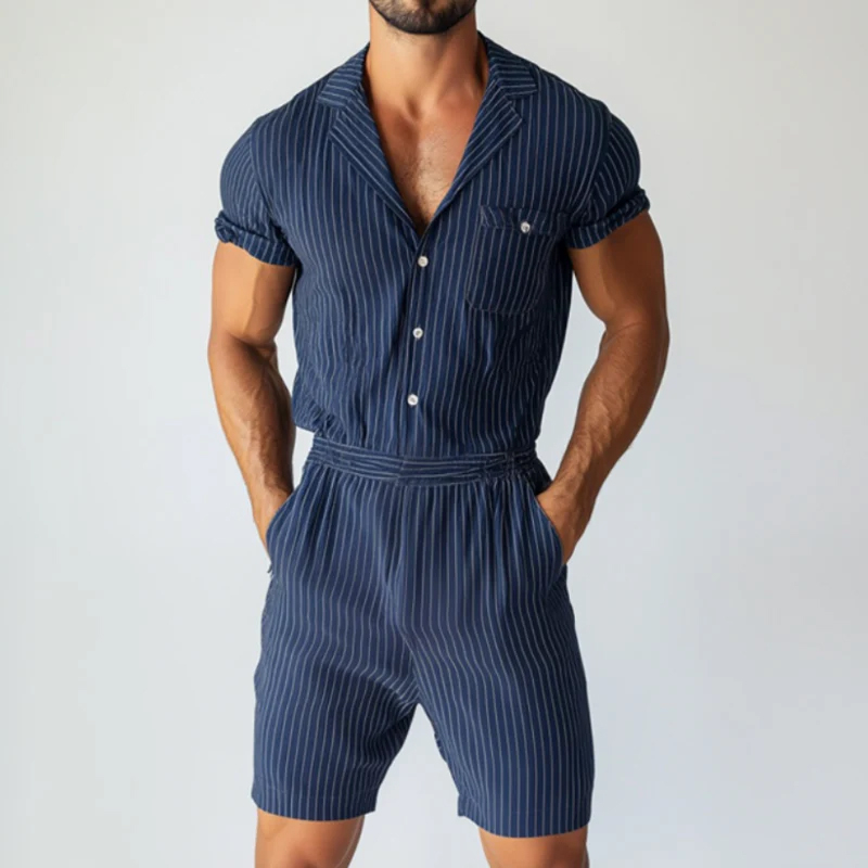 Men's Casual Striped Cotton Linen Cuban Collar Short Sleeve Shorts Slim Fit Jumpsuit