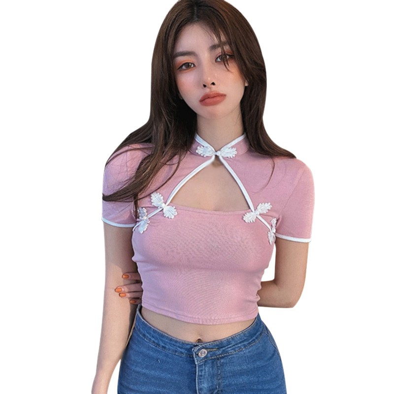 Summer Women's Slim T-Shirts Vintage Ruched Slim Fit Sexy Hollow Out Crop Tops