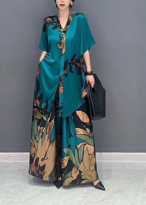 4.15Unique Green Oversized Print Chiffon Women Sets 2 Pieces Summer