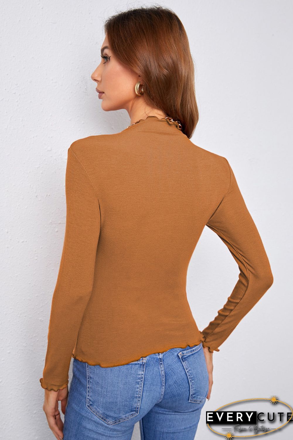 Mock Neck Crisp Trim Ribbed Basic Top