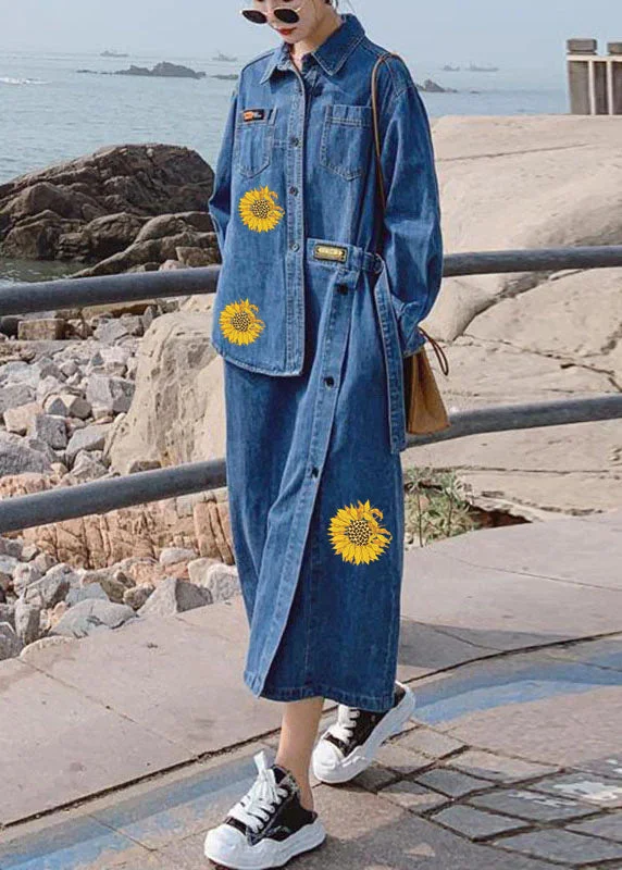 Loose Blue-flower Pockets Button asymmetrical design Fall Denim Long sleeve Long Dress