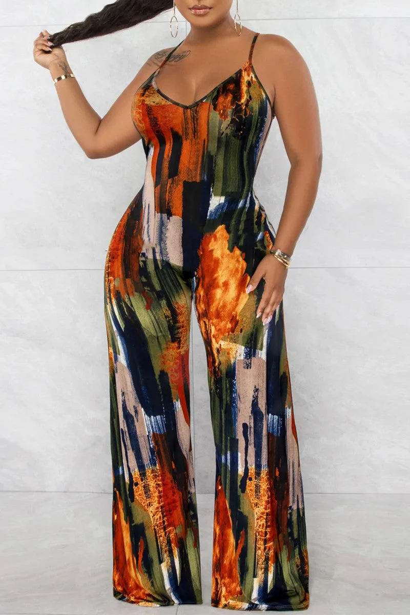 Fashion Sexy Print Backless Spaghetti Strap Regular Jumpsuits