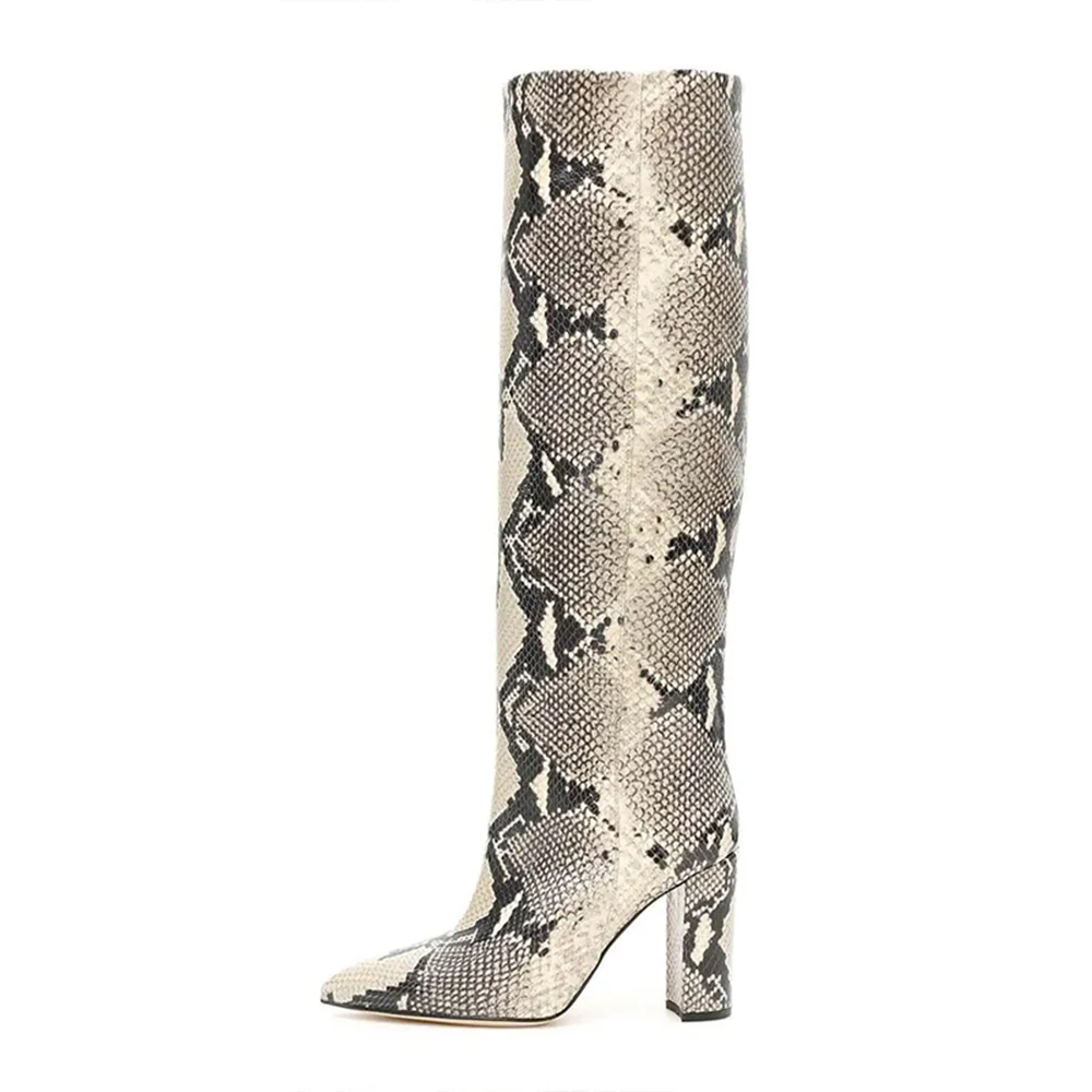 Snakeskin Knee High Boots Chunky Heel Boots Fall Fashion Boots