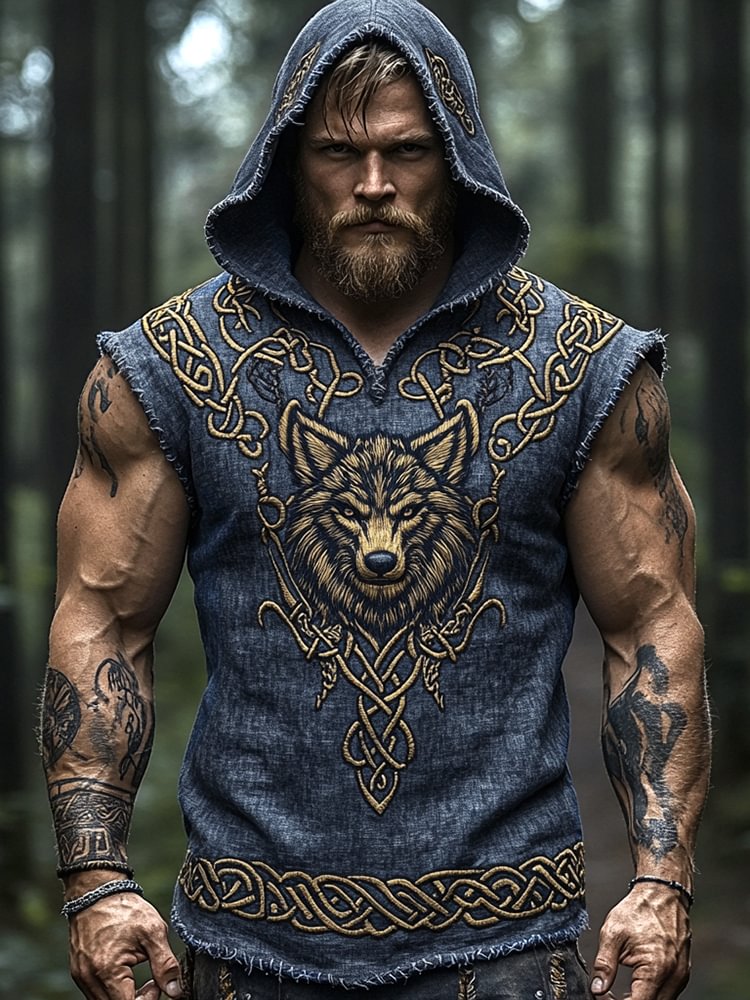 Men's Viking Wolf Fenrir Retro Celtic Sleeveless Hoodie