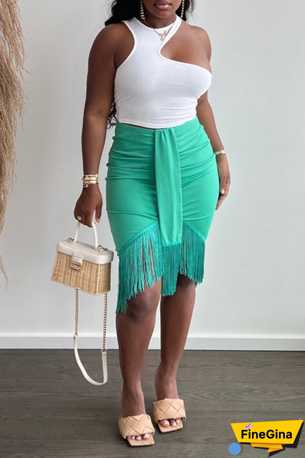 White Green Sexy Solid Tassel O Neck Sleeveless Two Pieces