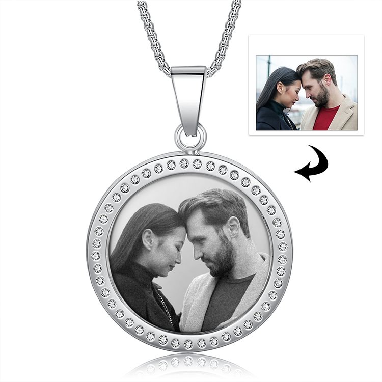 Custom Picture Necklace Round-Shaped With Elegant Rhinestone Crystal - Silver, Personalized Necklace with Picture