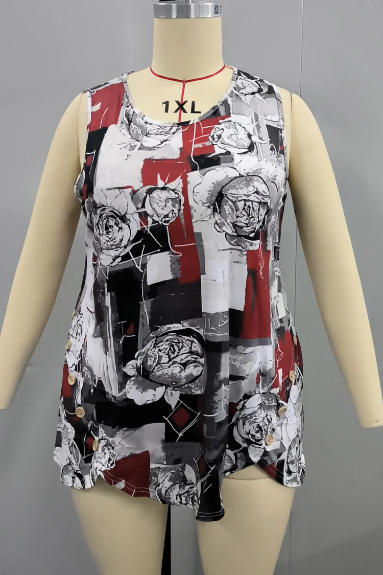 Plus Size Rose Flower Print Round Neck Decorative Button Tank Top  Flycurvy [product_label]