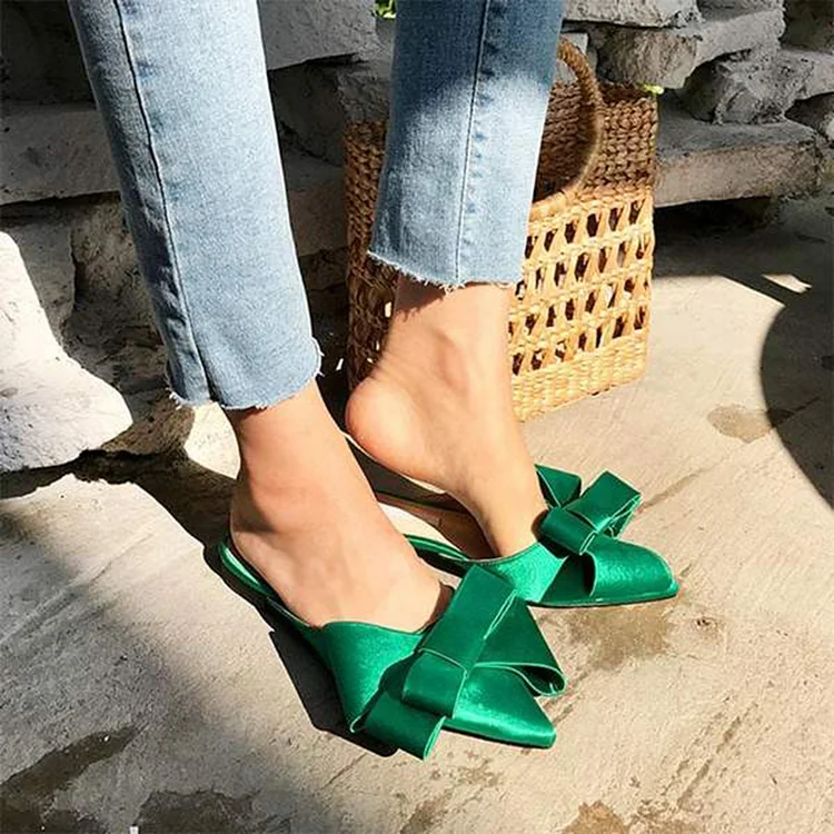 Green Satin Bow Pointed-Toe Mules - Office or Party Shoes Vdcoo