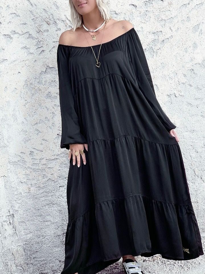 Solid Color O Neck Long Sleeve Maxi Dress
