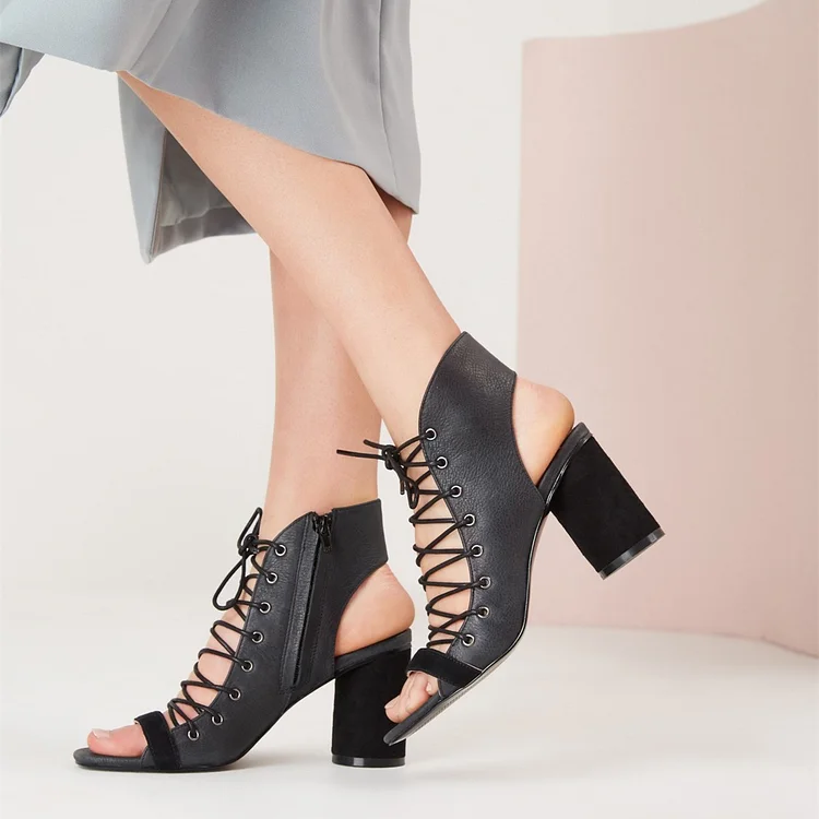 Black Summer Lace Up Boots Peep Toe Slingback Heeled Booties |FSJ Shoes