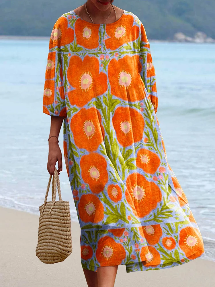 Women's Vintage Flowers Art Print Flowy Cotton Crew Neck Dress