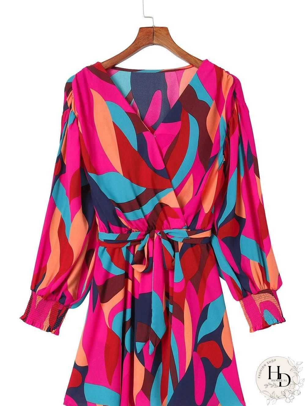 Lapel Print Lace-Up Long Sleeve Dress