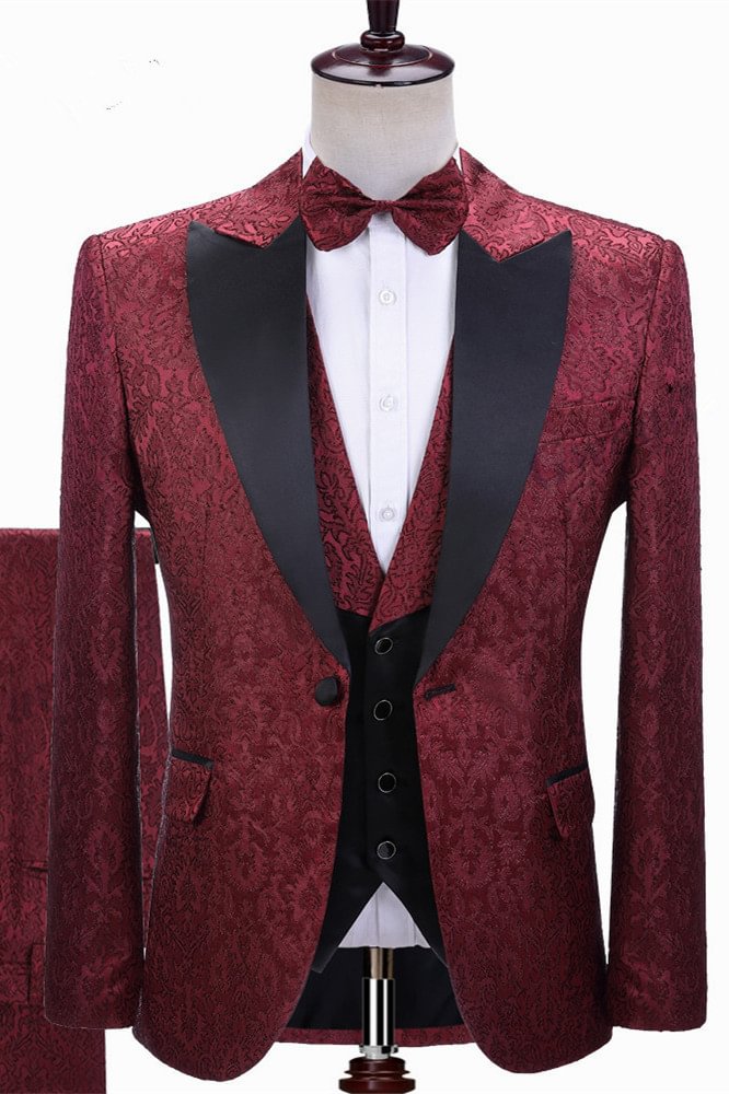Modern Peaked Lapel Burgundy Jacquard Three-Pieces Wedding Tuxedo | Ballbellas Ballbellas