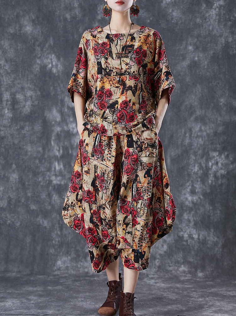 Coffee Floral Cotton Two Piece Suit Set Asymmetrical Oversized Summer