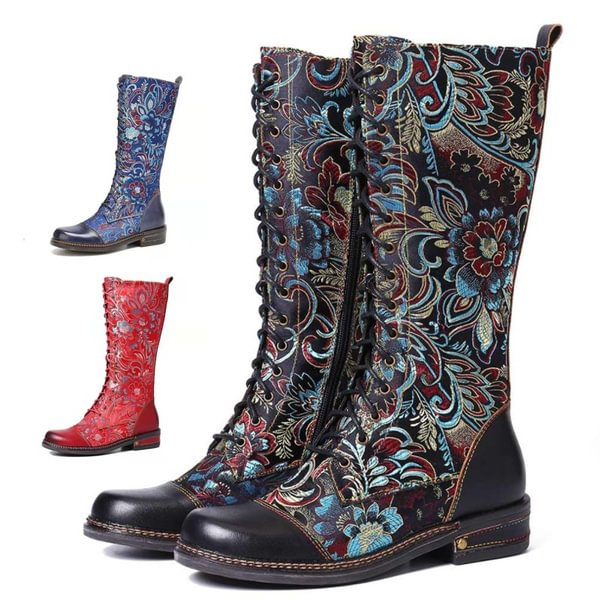 Ethnic Style Retro Knee High Women Boots Bandage Cross Strap Long Boots Vintage Leather Boots Flat Heel Embroidery Boots Big Size 35-43 - Shop Trendy Women's Fashion | TeeYours