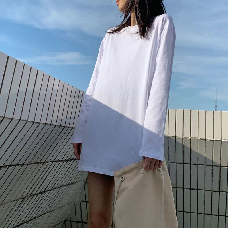 Toloer Toloer Long White Solid Color Outside Wear Long Sleeve Bottom T-Shirt Hoodie Lining Fold Wear Autumn Woman Loose-Outfit Ideas