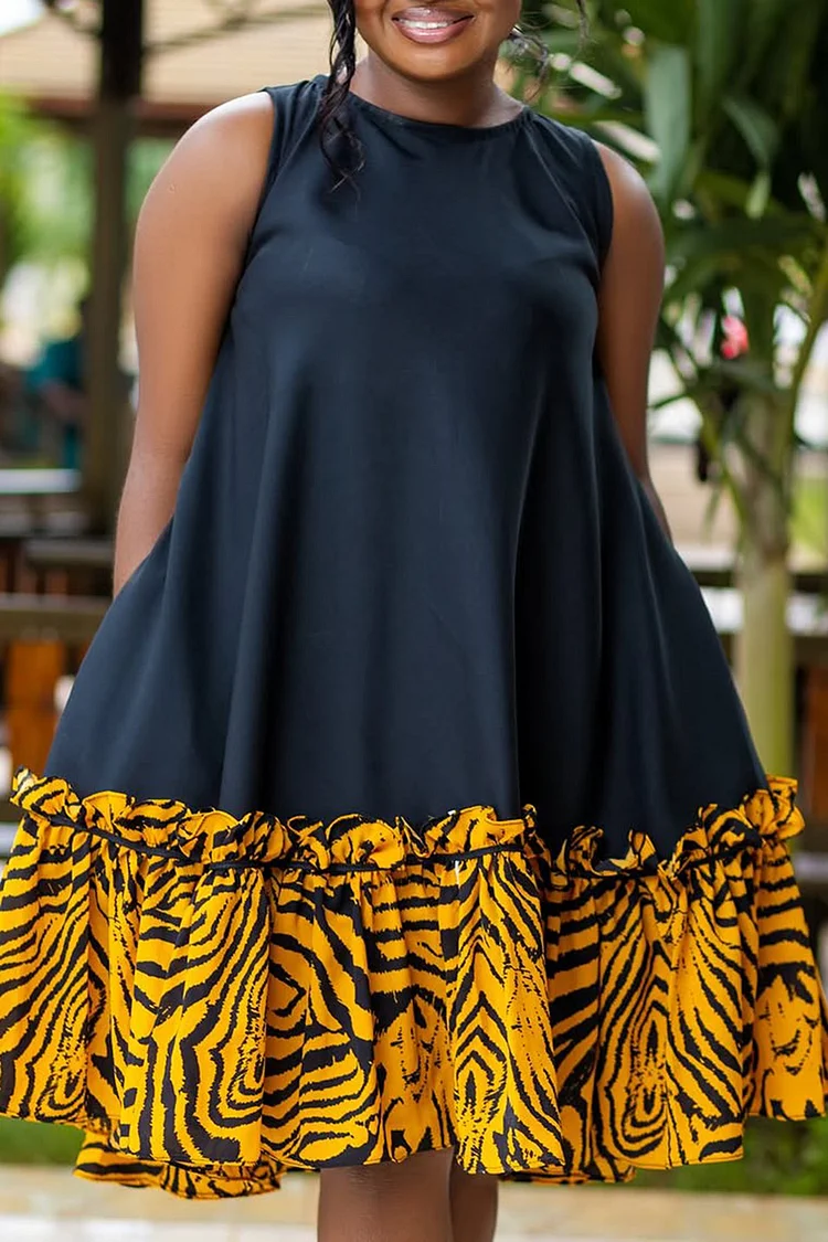 Plus Size Daily Black Graphic Round Neck Sundress Pocket Contrast Mini Dresses [Pre-Order] 2024 - Xpluswear