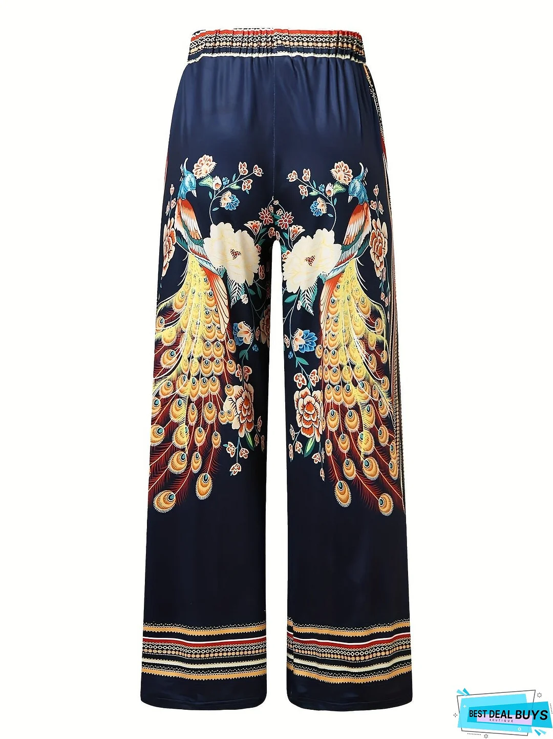 Peacock Print Wide Leg Pants, Retro Drawstring Long Length Palazzo Pants, Women's Clothing