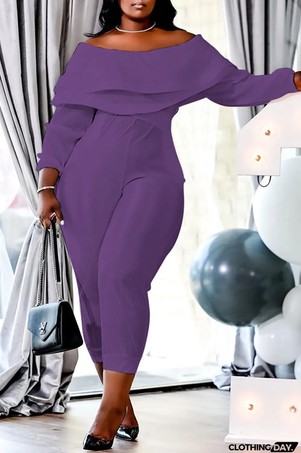 Purple Casual Solid Patchwork Off the Shoulder Plus Size Jumpsuits