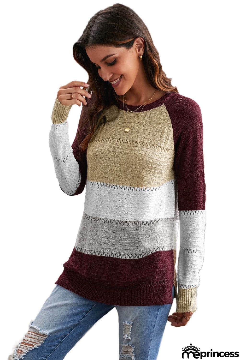 Multi-color Knitted Color Block Long Sleeve Crew Neck Sweater