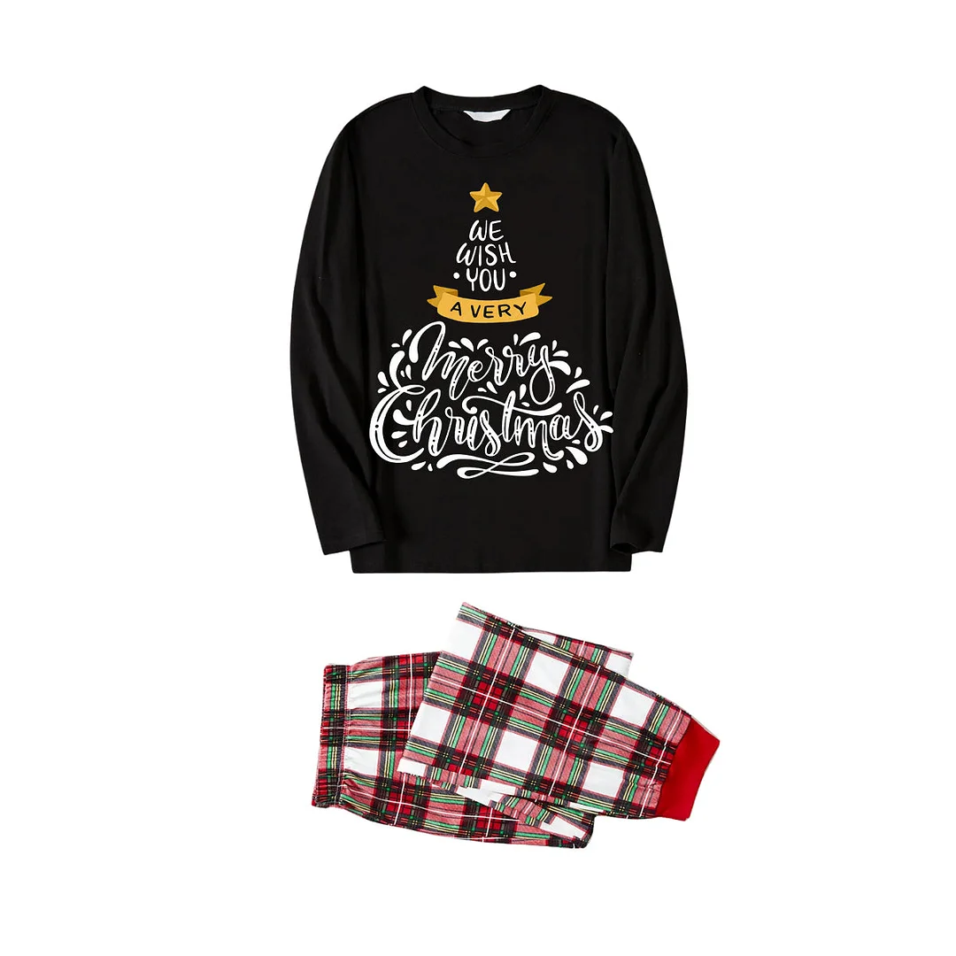 2024 Christmas Tree Pattern "We Wish You" Black Long Sleeve with Comfortable Red and Green Plaid Pants  Family Matching Pajamas