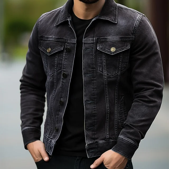 Utbros Men's Outdoor Plain Fashion Street Lapel Denim Jacket