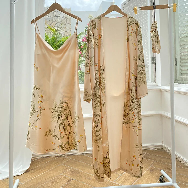 Print 2pcs Robe Sleep Suit Women Bridal Kimono Bathrobe Gown Lingerie Satin V-Neck Sleepwear Strap Nightgown Loungewear