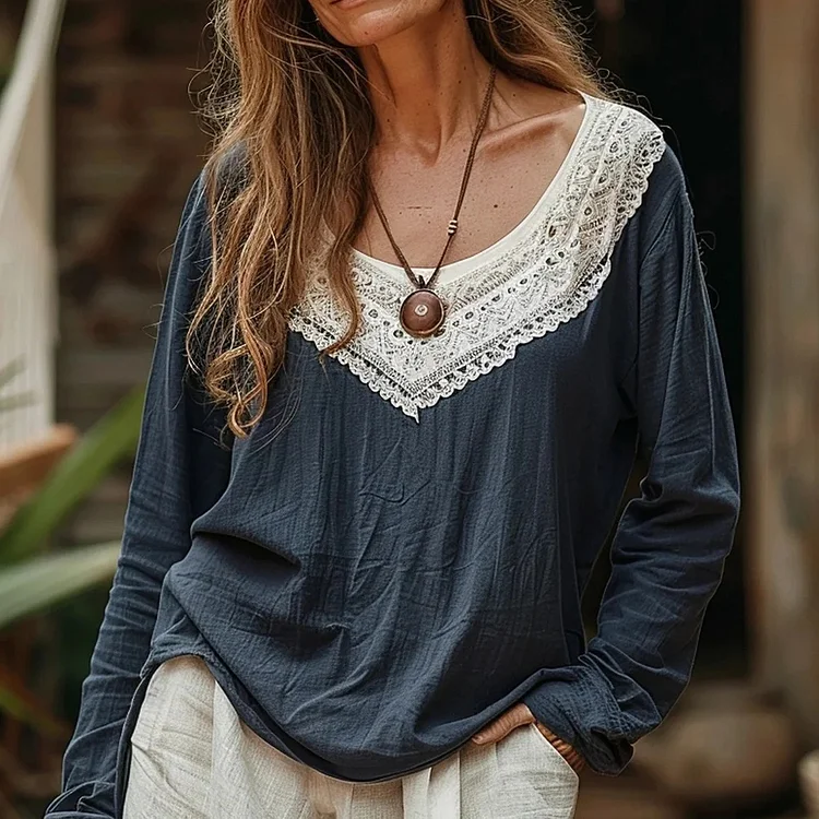 Elegant Lace Embroidery Floral Art Long Sleeve Cozy Tunic