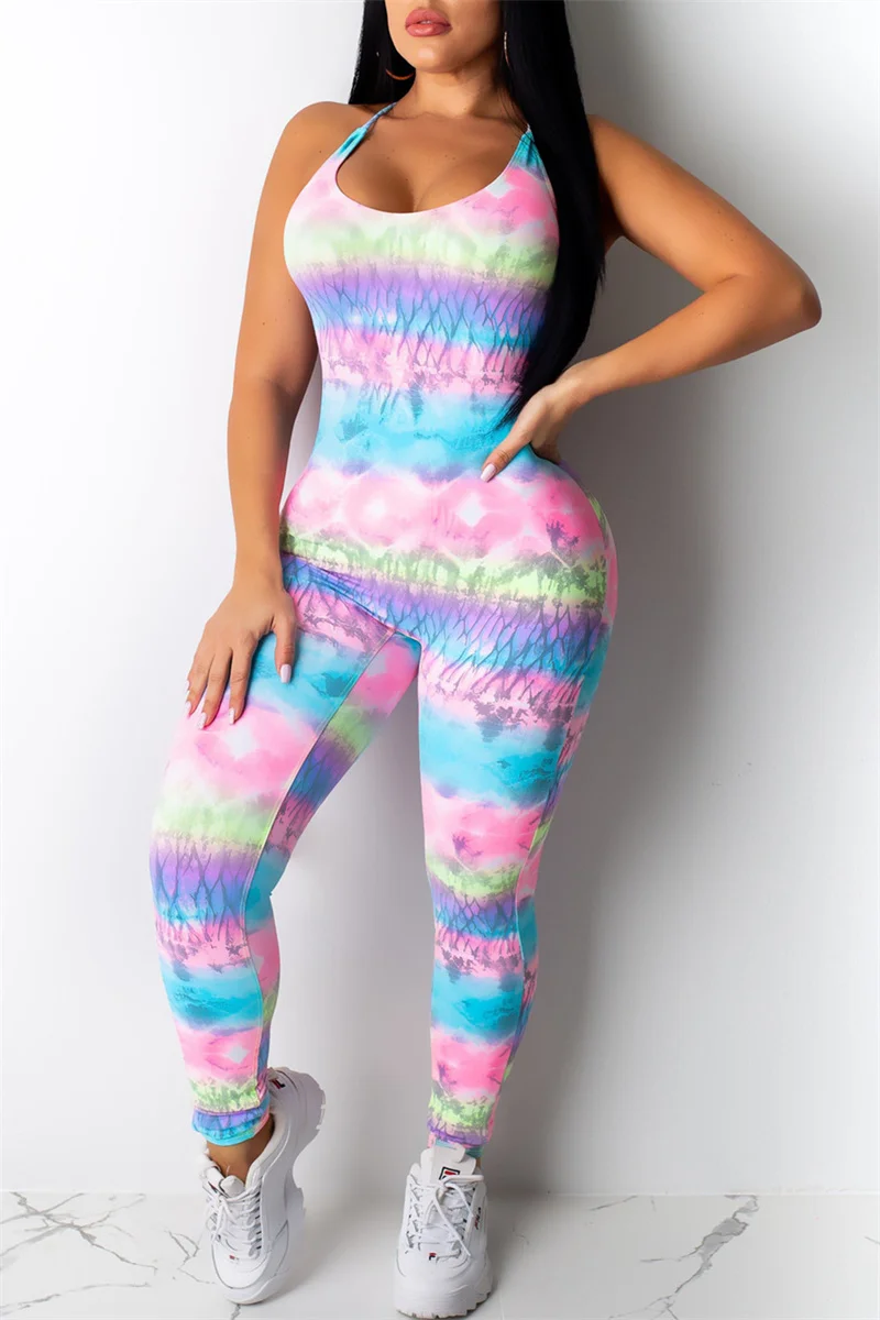 Light Blue Fashion Sexy Print Backless Halter Skinny Jumpsuits | EGEMISS