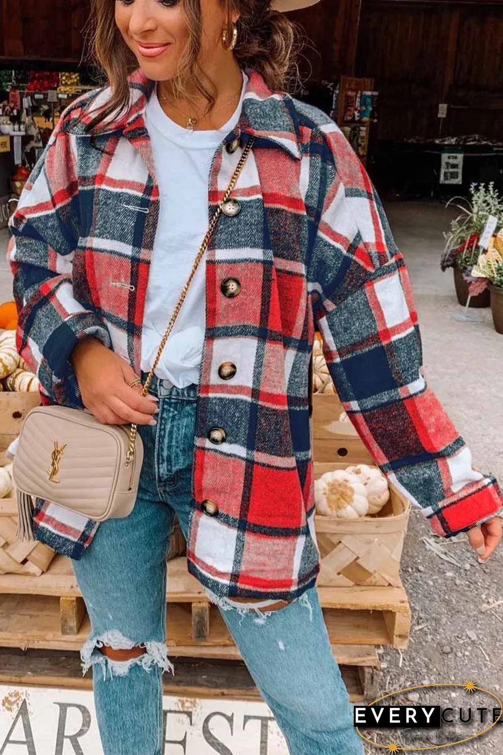 Fashion Big Plaid Coat Woolen Coat Tops(6 Colors)
