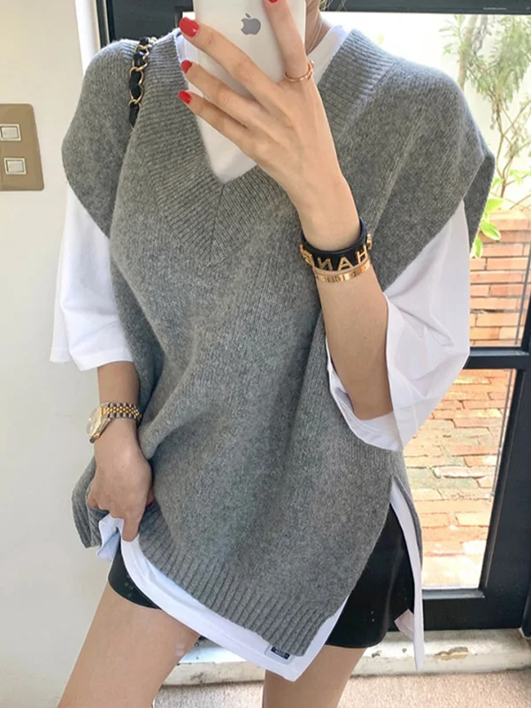 Casual Chic Pure Color V-Neck Sleeveless Knitting Vest