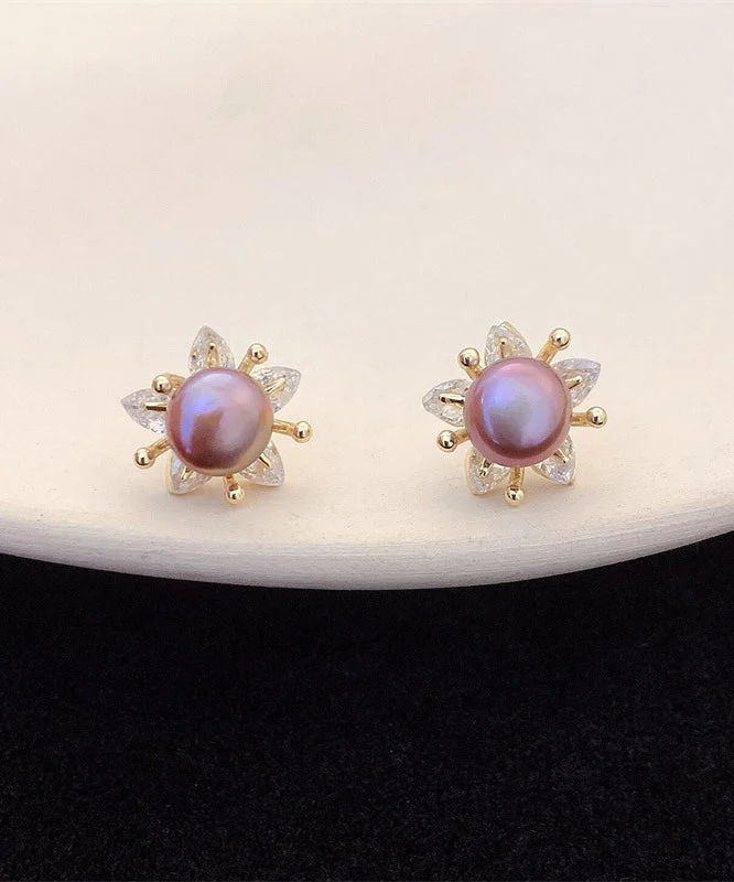 Art Purple Sterling Silver Overgild Pearl Floral Stud Earrings