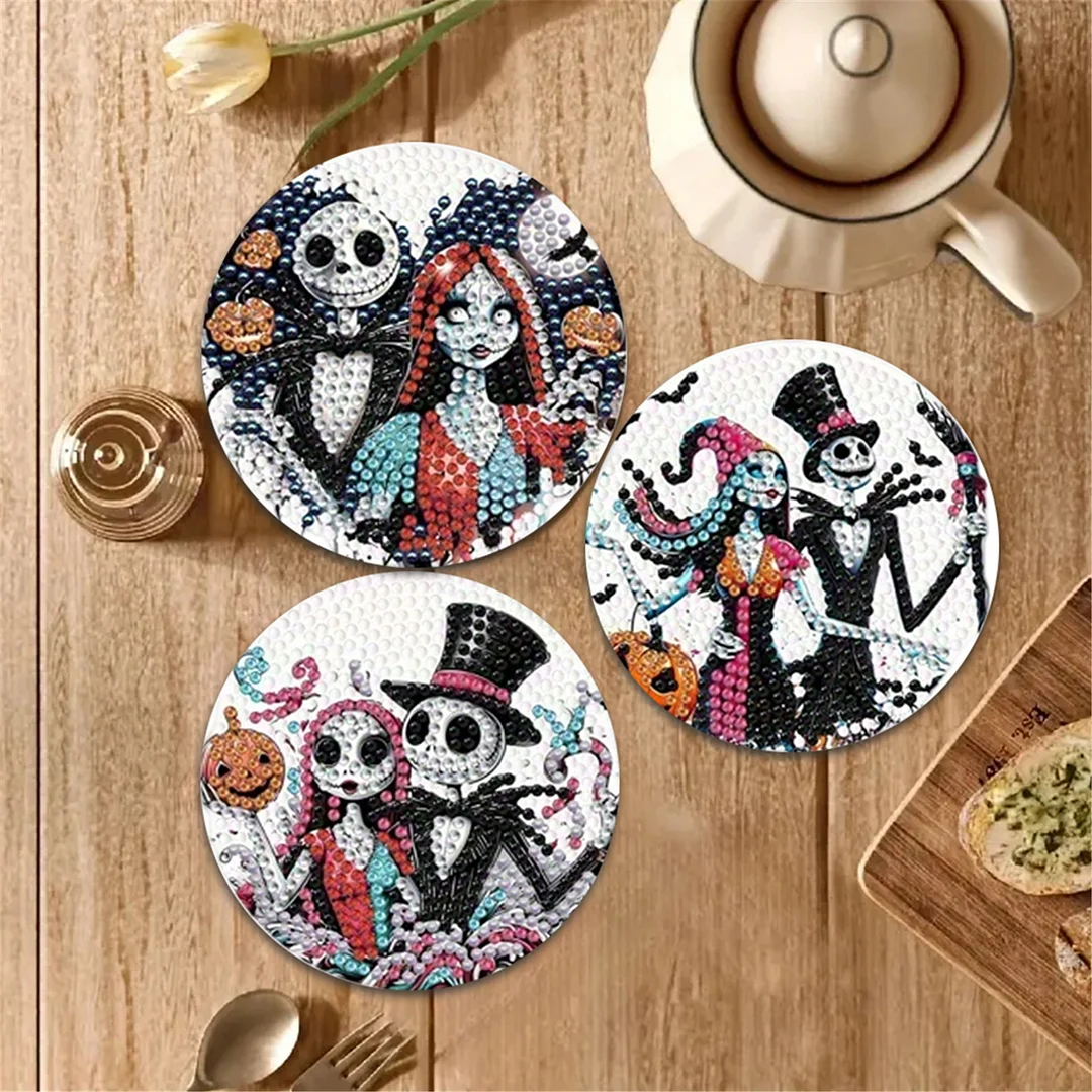 8pcs Cartoon DIY Diamond Painting Wooden Coasters Kits with Holder (Skeleton)