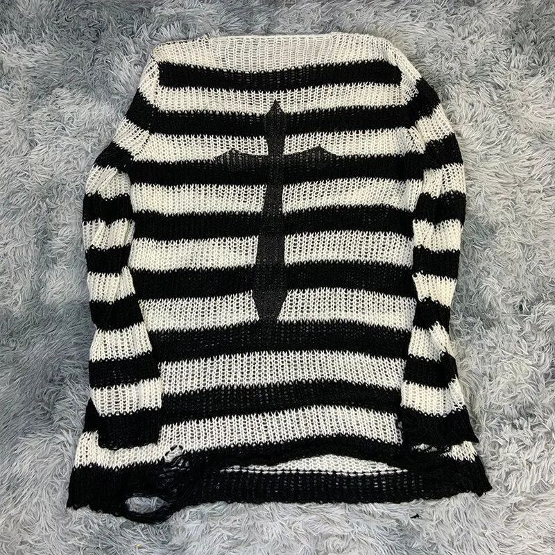 Plus Size Punk Gothic Long Unisex Sweater Dress Women Man Striped Cool Hollow Out Hole Broken Jumper Loose Rock Thin Sweter 2021