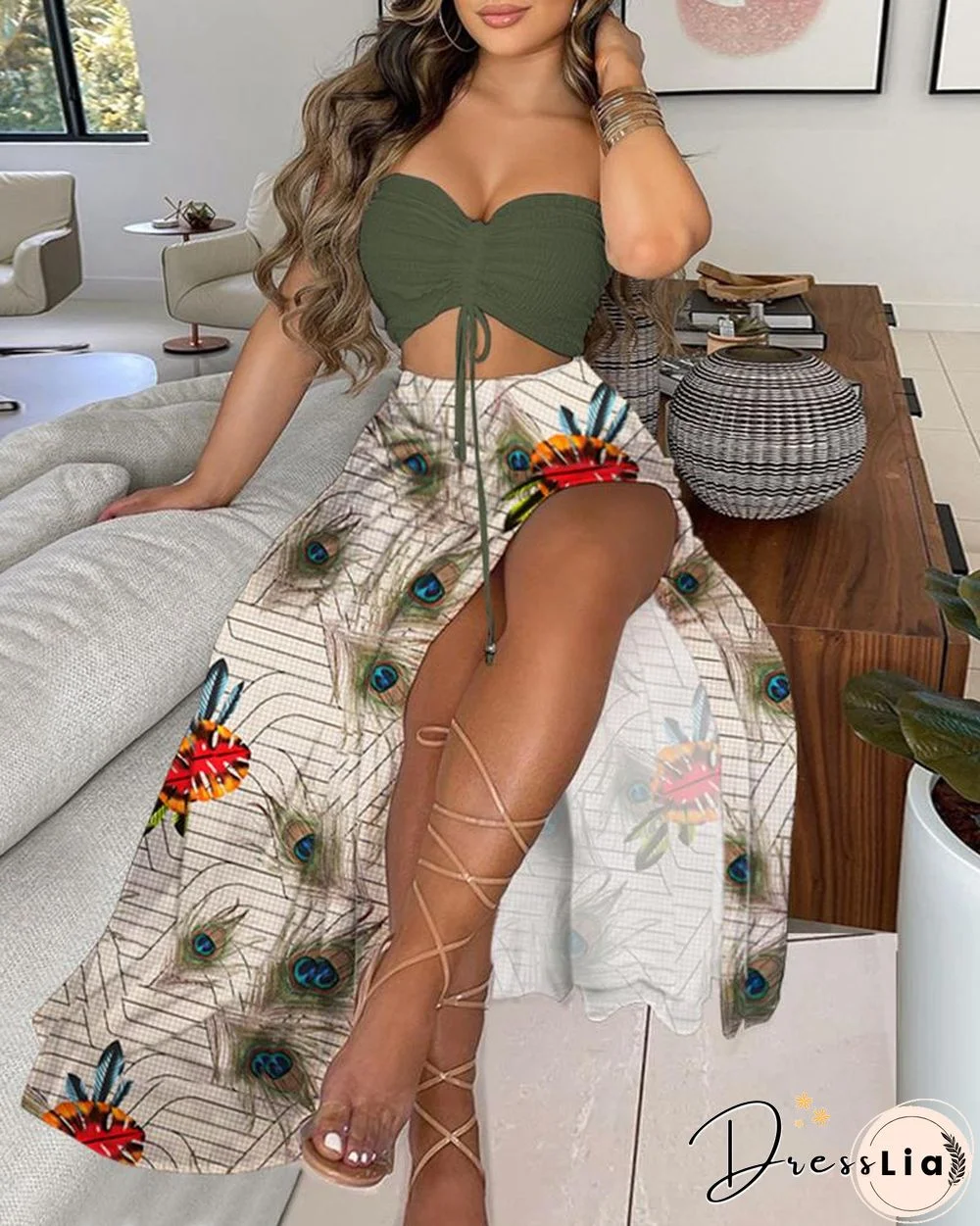 Plain Bandeau Crop Top & High Slit Floral Print Skirt Sets
