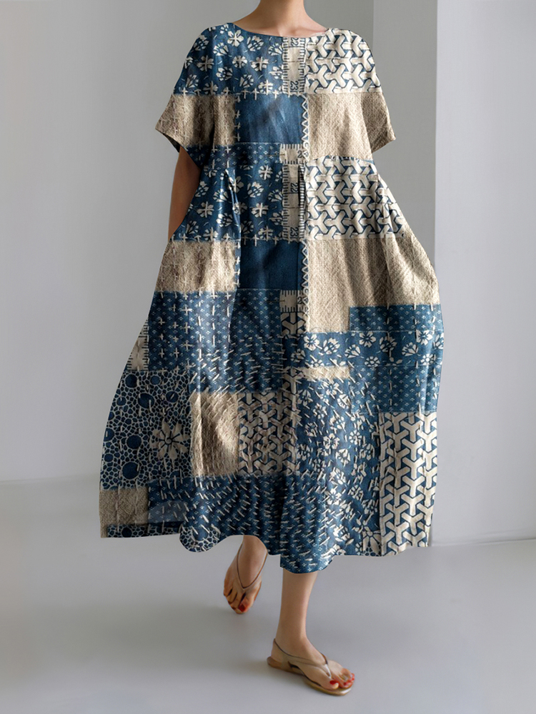 Comstylish Japanese Art Geometry Patch Linen Blend Maxi Dress