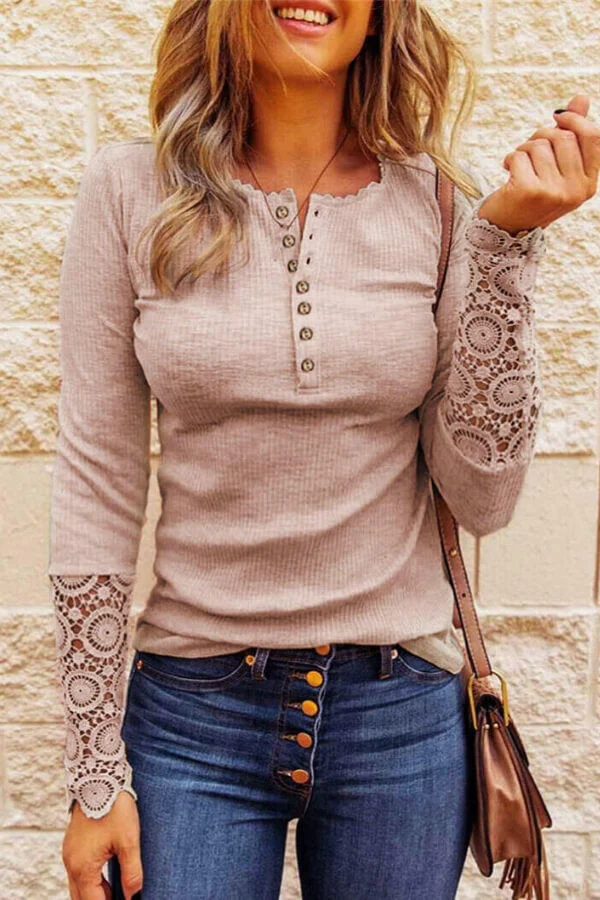 Fashion Lace Splicing Hollow Out Button Blouse