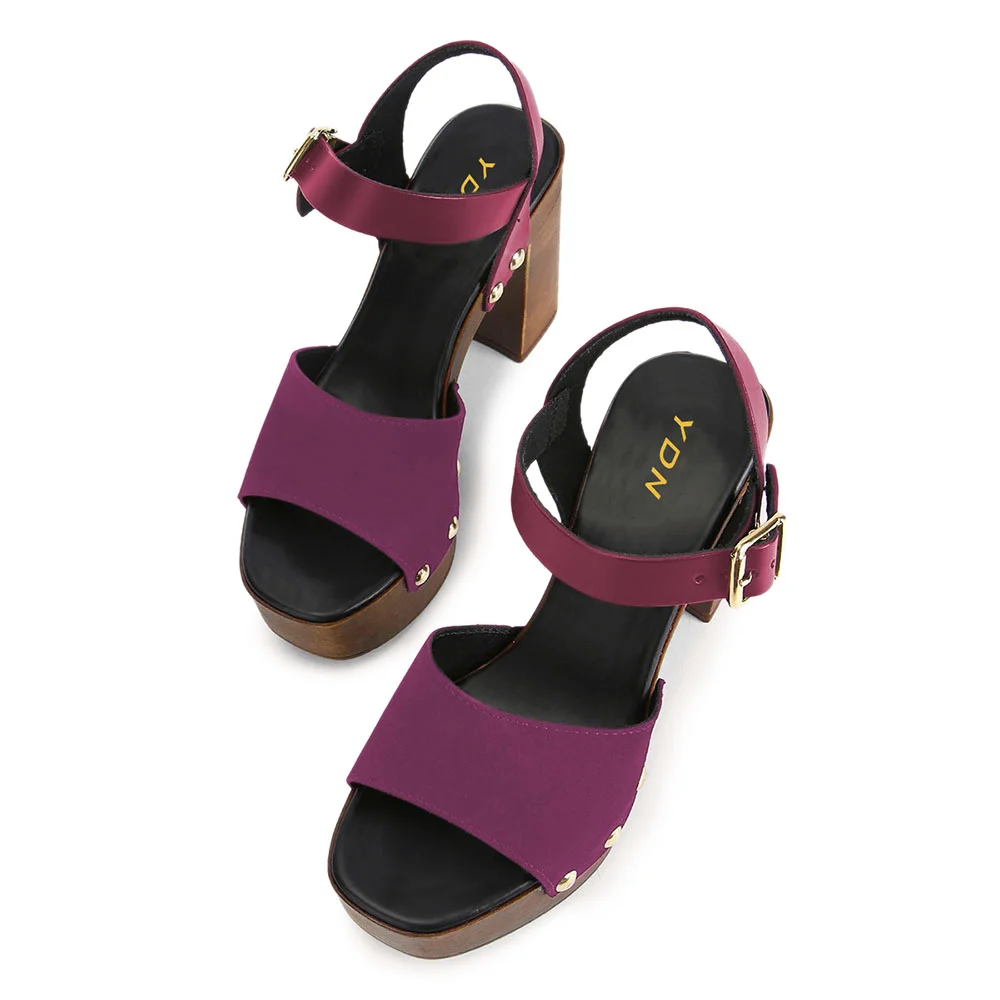 Purple & Fuchsia Open Square Toe Platform Sandals with Studs
