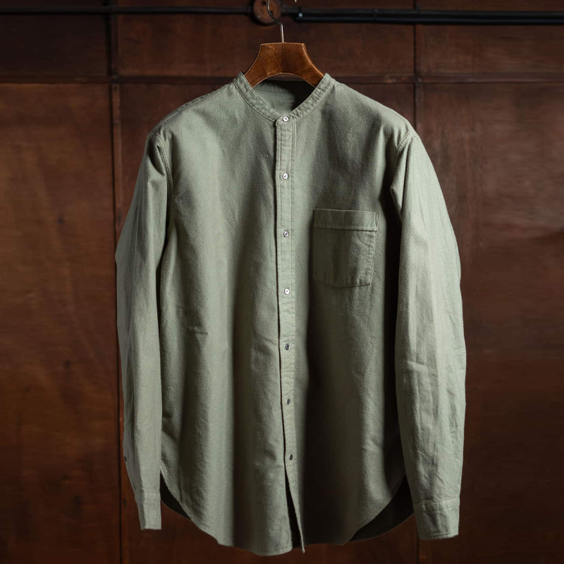 Men's Olive Green Stand Collar Long Sleeve Cotton Shirt