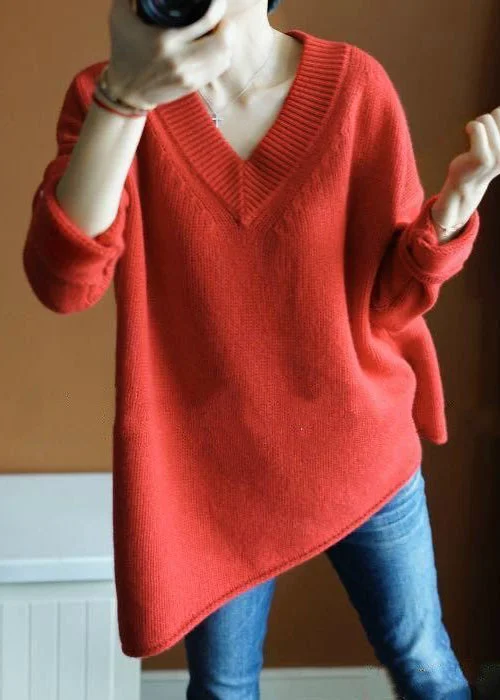Simple Red Asymmetrical Solid Knit Top Long Sleeve