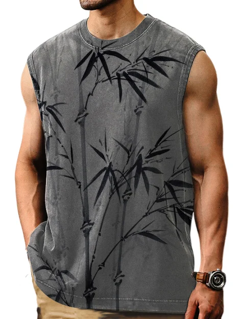 Men's Casual Comfortable Bamboo Print Distressed Sleeveless T-Shirt