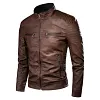 Men's Slim Fit PU Leather Biker Jacket Stand Collar Windproof Outerwear Coat by Inlyline