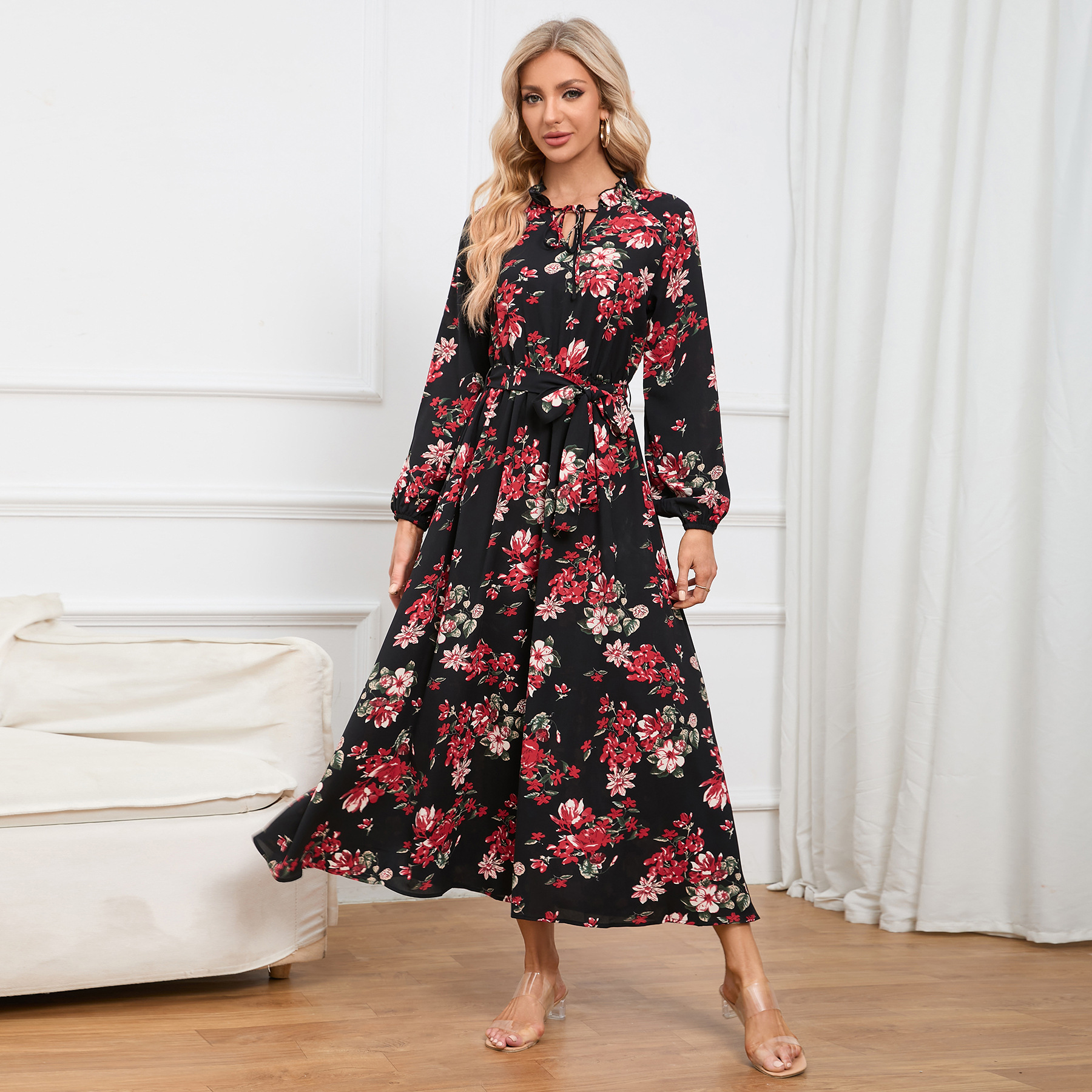 Women's Floral Stand Up Collar Lantern Sleeve Long Dress | ARKGET