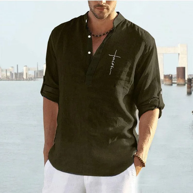 Men's Faith cotton and linen plain printed casual shirt-Mayoulove