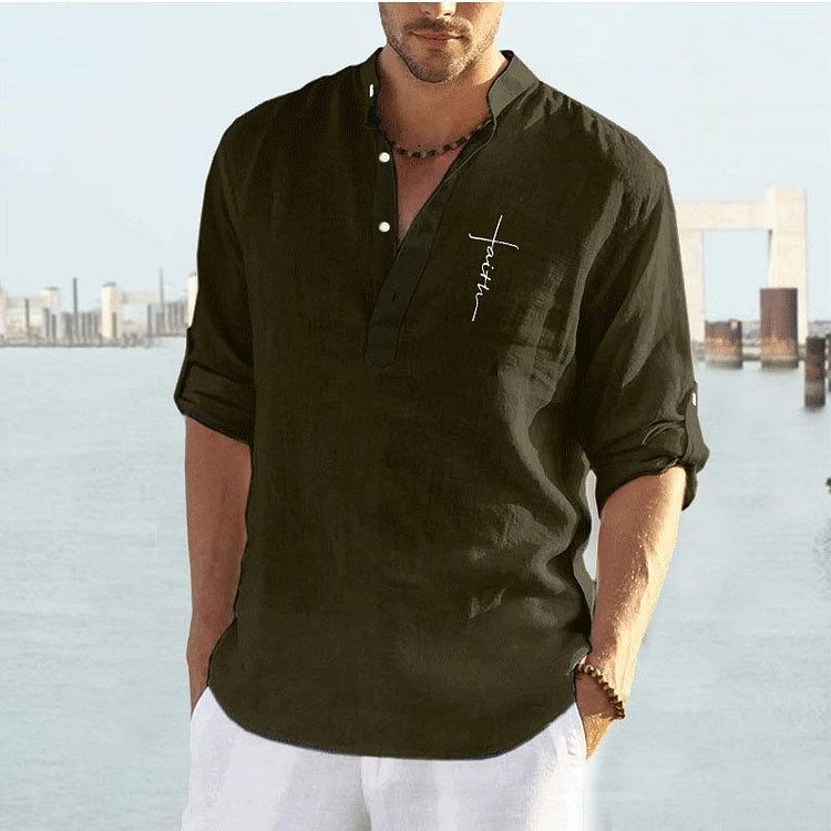 Men's Faith cotton and linen plain printed casual shirt-Mayoulove