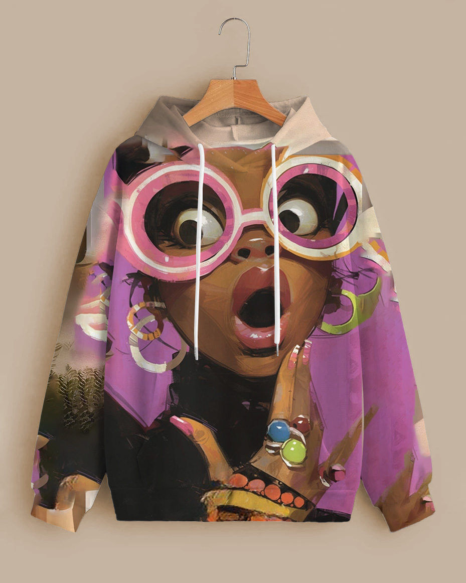 Surprised Cartoon Portrait Printed Long-Sleeved Hoodie