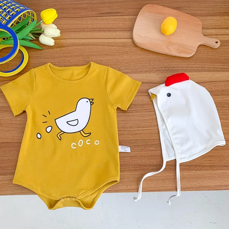 2pcs Baby Boy/Girl Chick Pattern Short Sleeve Bodysuit with Hat