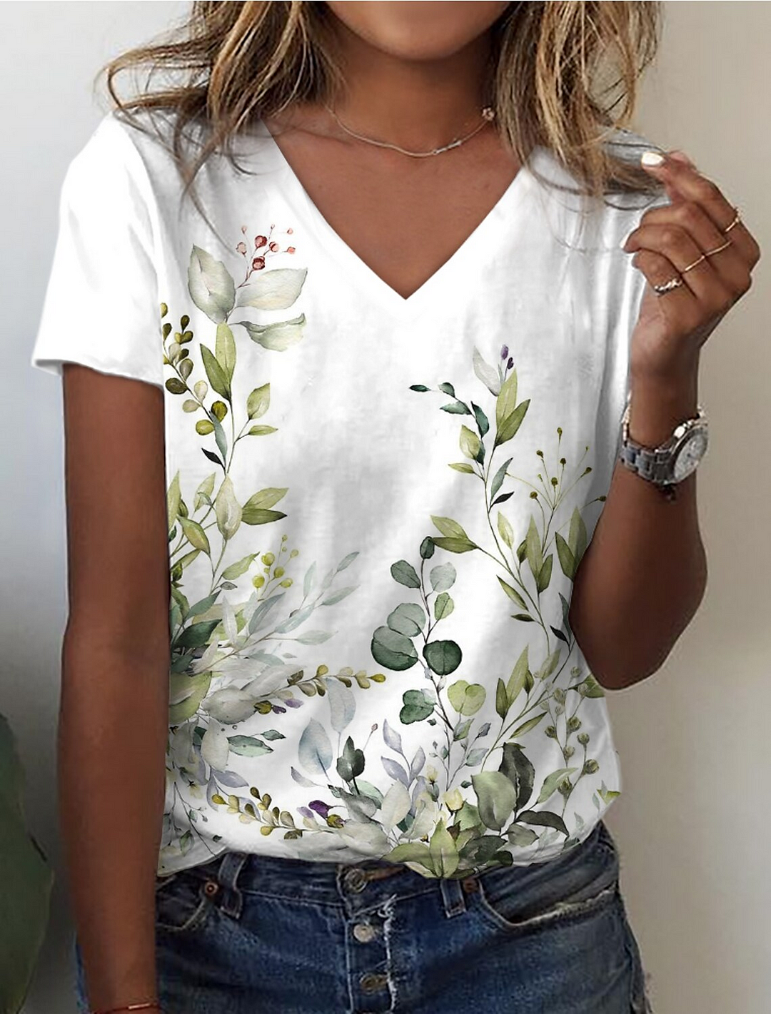 Leaves V neck Casual Short Sleeve T-Shirt